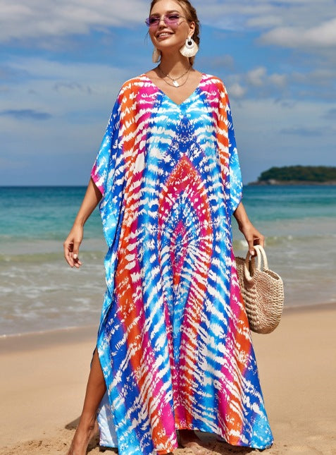 Damen Strandkleid mit buntem Batikdesign und weit geschnittenen Ärmeln Echo Archiv