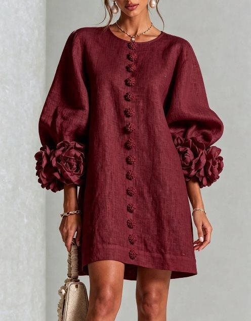 Damen Kurz geschnittenes Leinenkleid mit 3D‑Blütenärmeln und mittiger Knopfleiste Echo Archiv