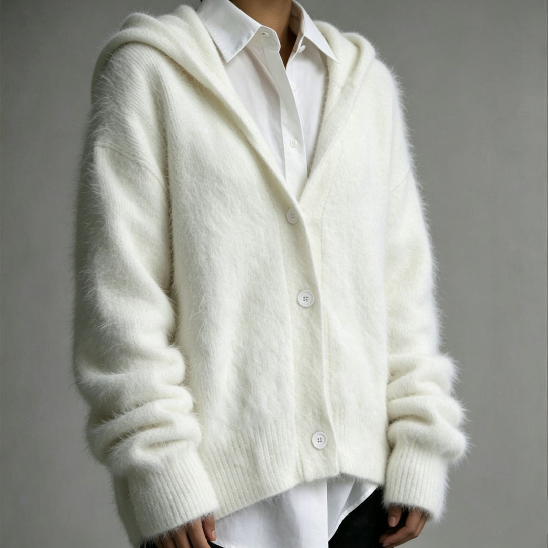 Damen Flauschiger Kapuzen-Cardigan im Mohair-Look mit Knopfleiste – Veloura