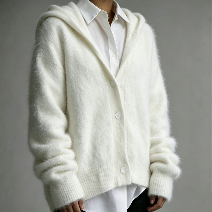 Damen Flauschiger Kapuzen-Cardigan im Mohair-Look mit Knopfleiste – Veloura