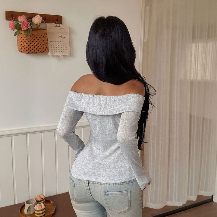 Damen Schulterfreies Langarm-Top mit tailliertem Schnitt und feinem Rippstrick Echoarchiv