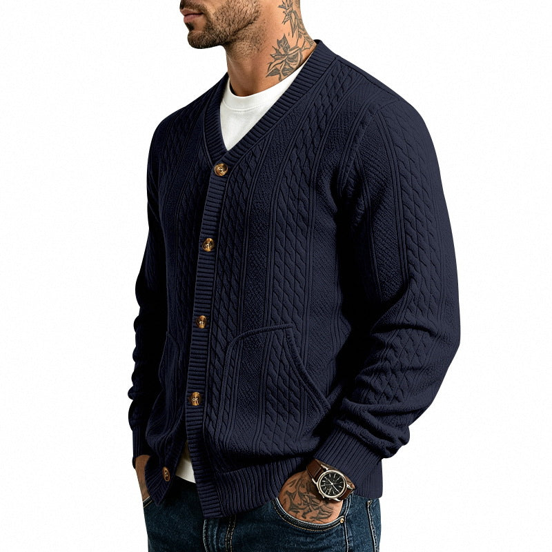 Herren Strukturierter Strickcardigan mit V-Ausschnitt und Zopfmuster – Terenzo