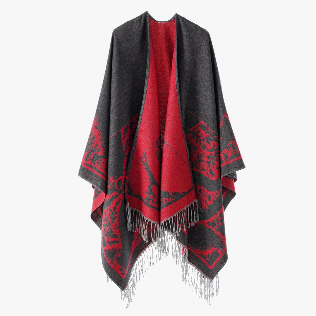 Damen Wendbarer Feinstrick-Poncho mit Jacquardmuster und Fransensaum Echo Archiv