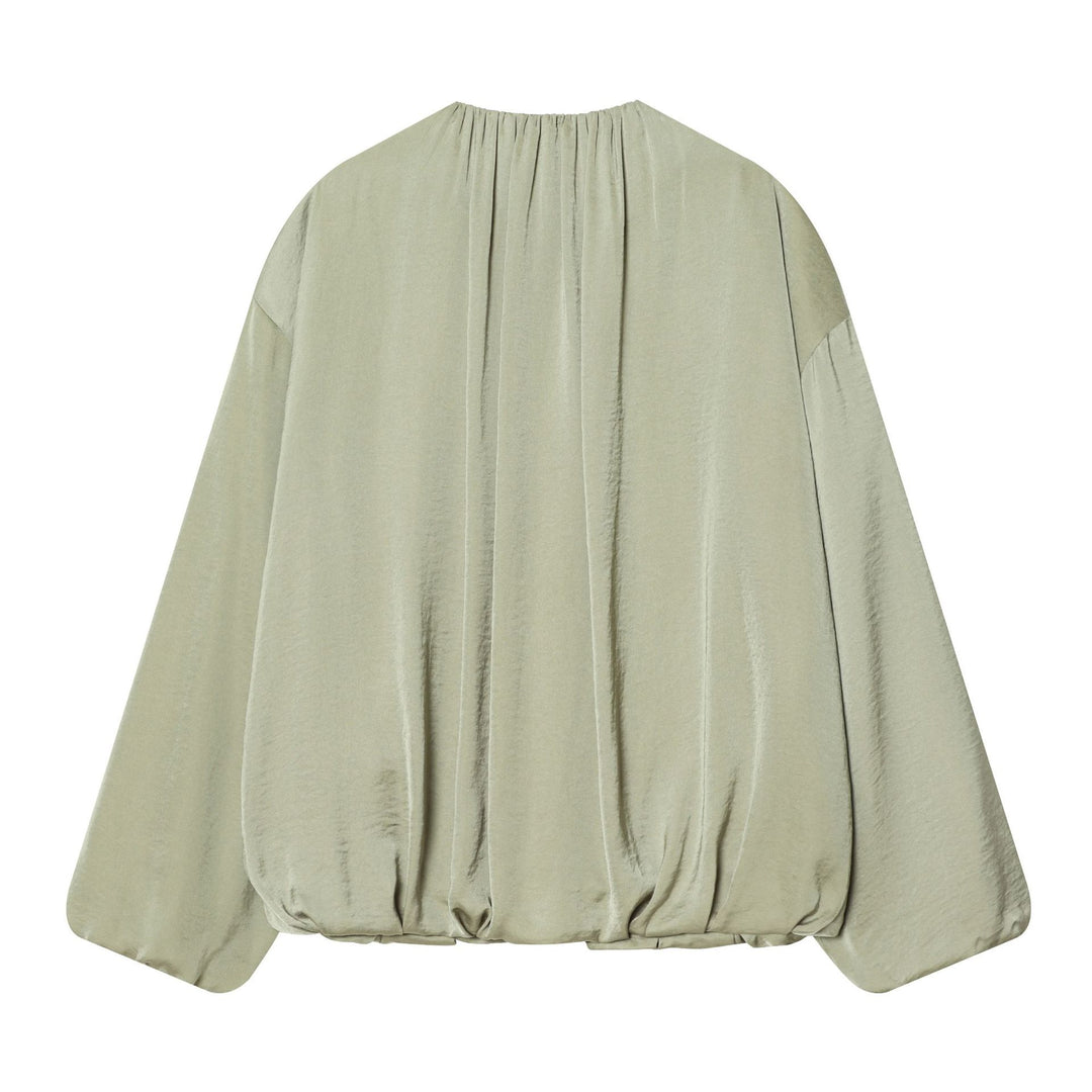 Damen leicht taillierte Blouson‑Jacke mit gerafftem Rundhalsausschnitt, verdecktem Reißverschluss und ballonförmigen Ärmeln – Célinea
