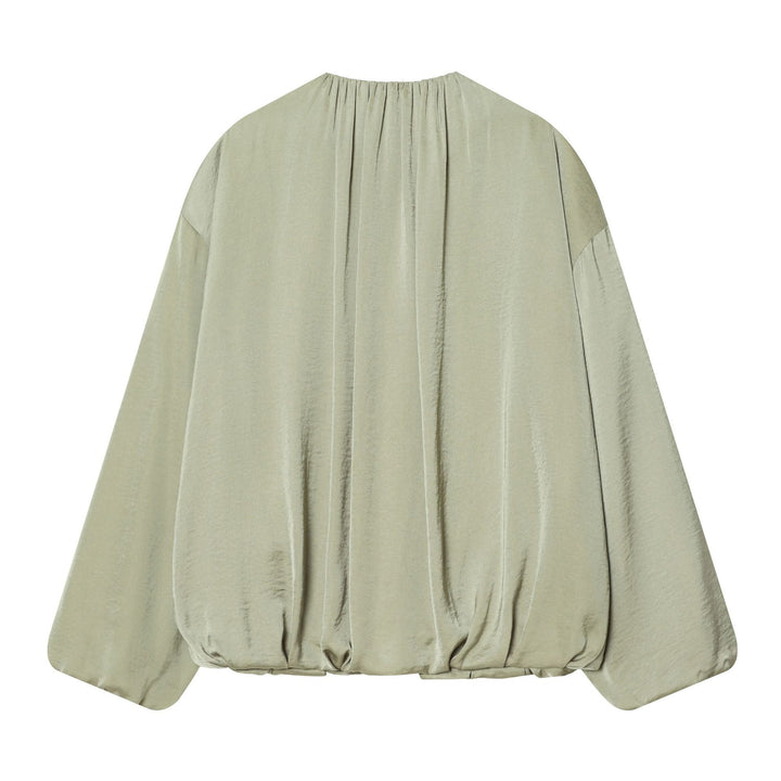 Damen leicht taillierte Blouson‑Jacke mit gerafftem Rundhalsausschnitt, verdecktem Reißverschluss und ballonförmigen Ärmeln – Célinea