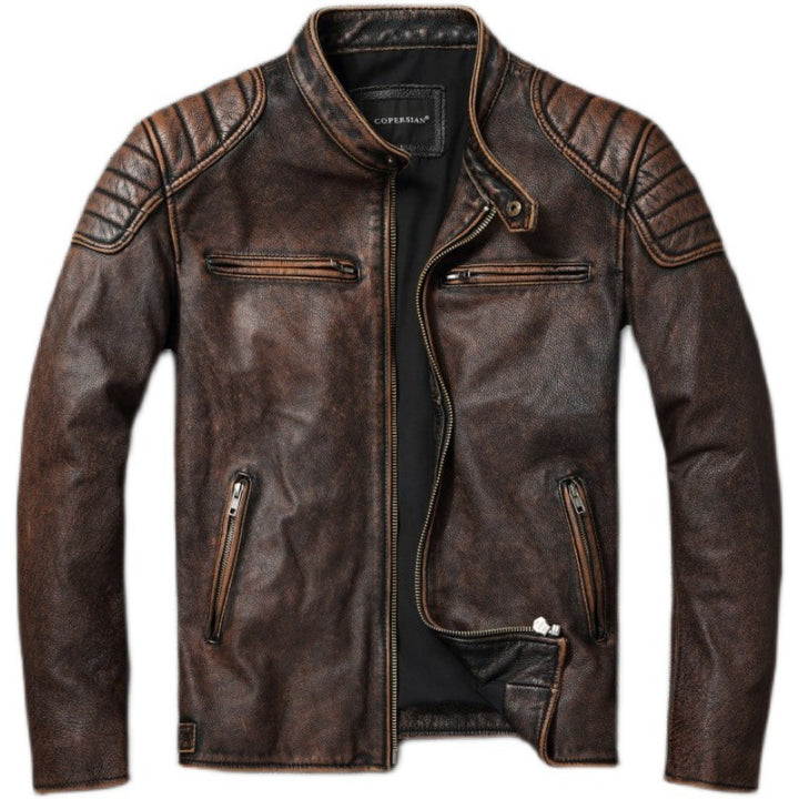 Herren Vintage Biker-Lederjacke mit Stehkragen und gesteppter Schulterpolsterung Echoarchiv