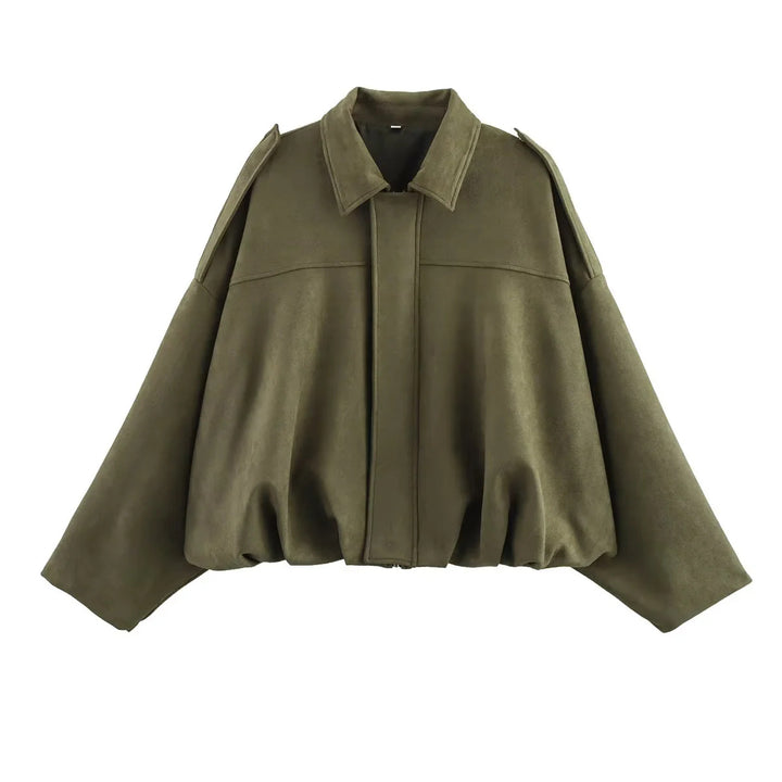 Damen nan oversized Veloursleder Bomberjacke mit Schulterklappen Echo Archiv