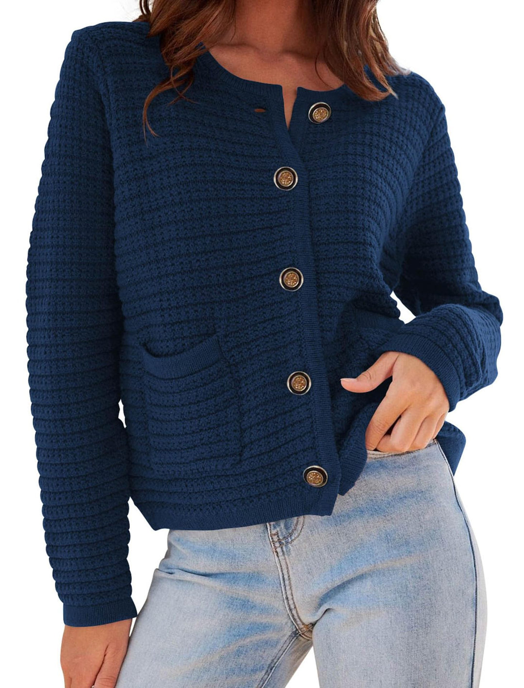Damen modischer Cardigan mit dezenten Rippstrukturen und eleganten Knopfdetails Echoarchiv