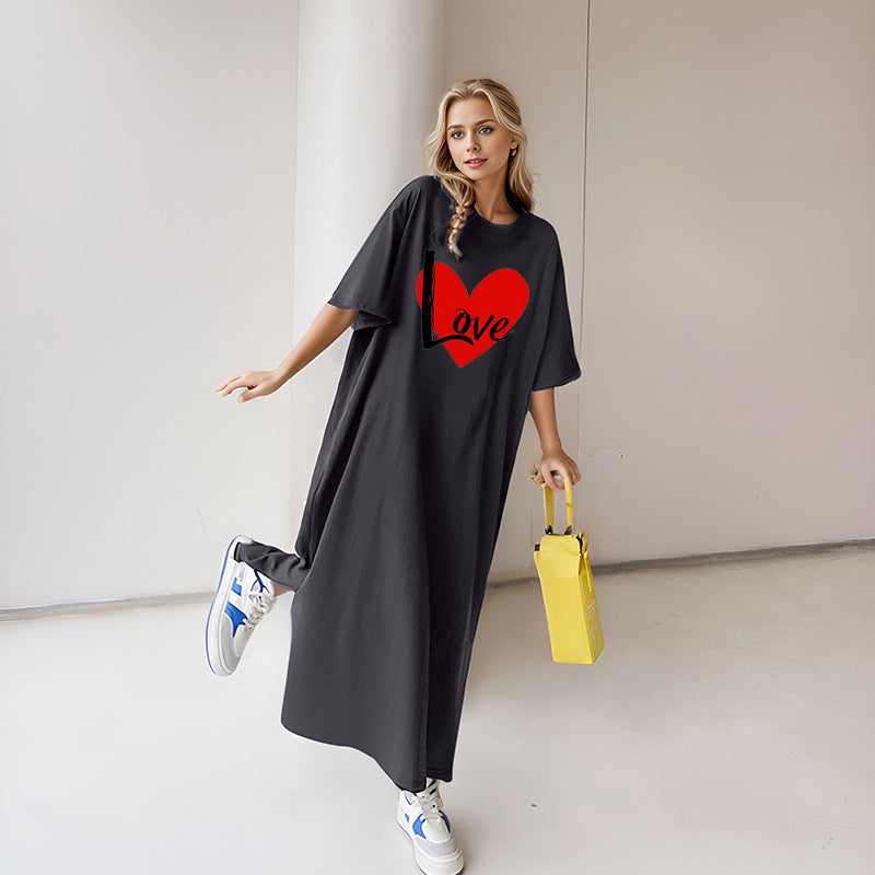 Damen locker geschnittenes Maxikleid mit großem Herzgrafikprint und Rundhalsausschnitt – Valéora