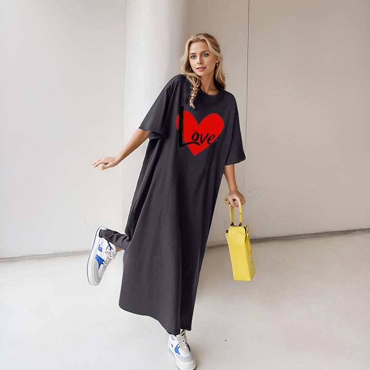 Damen locker geschnittenes Maxikleid mit großem Herzgrafikprint und Rundhalsausschnitt – Valéora