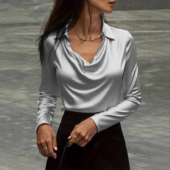 Damen Satinbluse mit Wasserfallkragen und Hemdkragen Echoarchiv