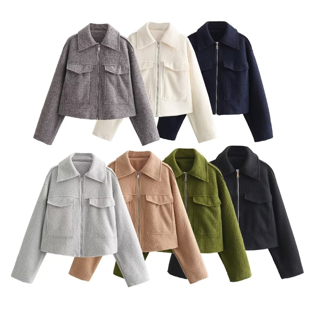Damen kurzes Cropped Overshirt mit großflächigen Pattentaschen und durchgehendem Reißverschluss – Célinea