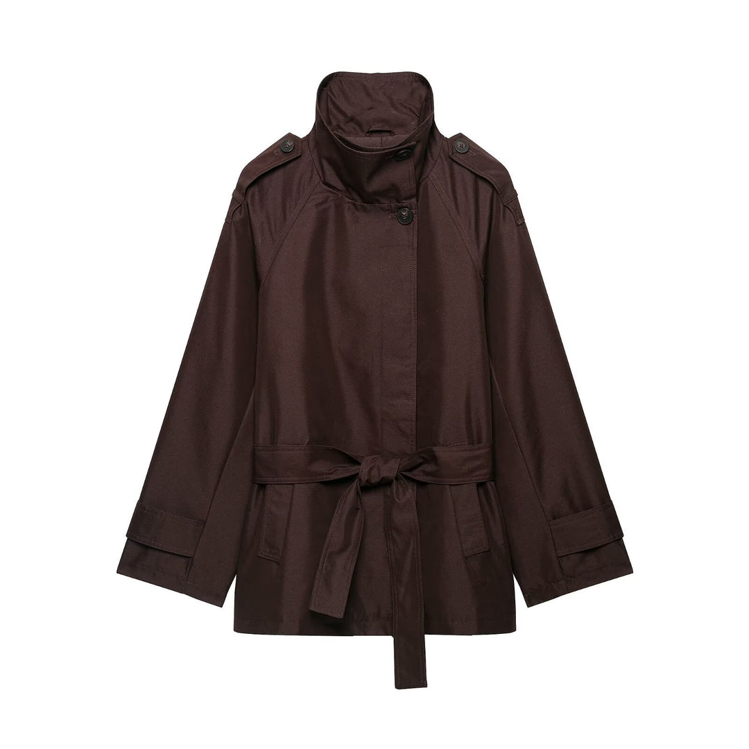 Damen Kurze Taillierte Regenjacke im Trenchstil mit Stehkragen und Bindegürtel Echoarchiv