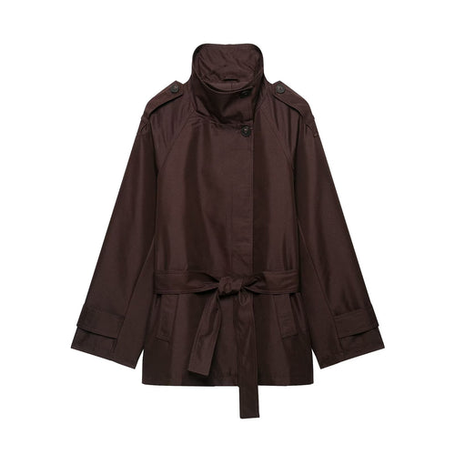 Damen Kurze Taillierte Regenjacke im Trenchstil mit Stehkragen und Bindegürtel Echoarchiv
