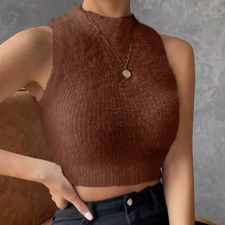 Damen Kurz geschnittenes ärmelloses geripptes Strick-Crop-Top mit Stehkragen – Avérine