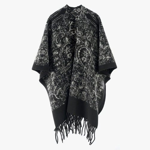 Damen Fransen-Cape im Kuschel-Wollmix mit strukturierter Vintage-Optik – Montévia