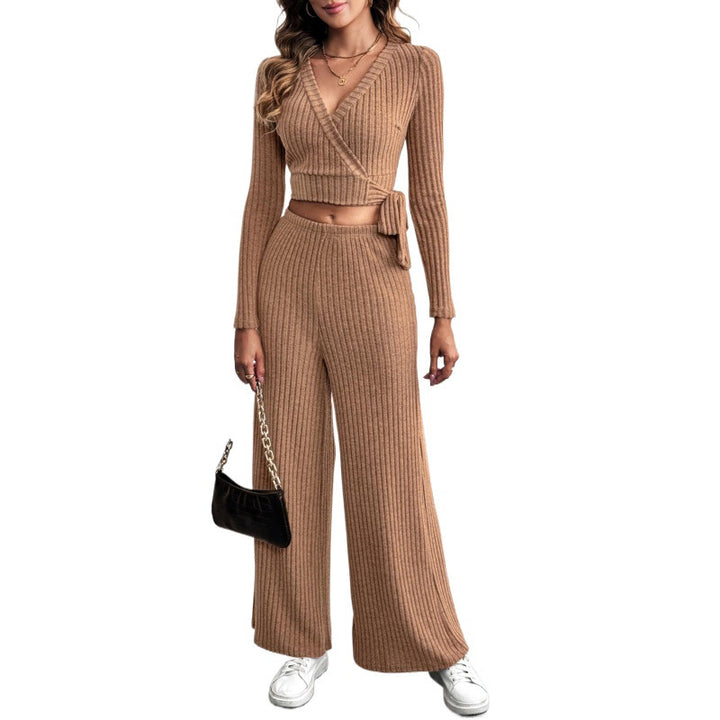 Damen Elegantes Strick-Set mit Wickeloberteil und weitem Bein Echo Archiv