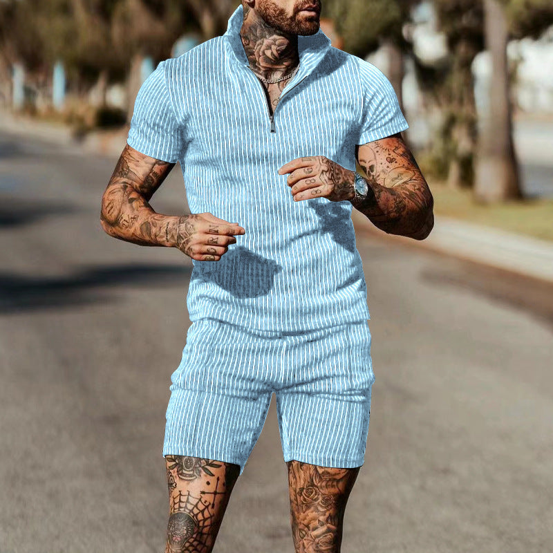 Herren Kurzarm-Jumpsuit mit modernem Reißverschluss und gestreiftem Design Echoarchiv