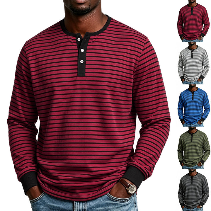 Herren Gestreiftes Langarm-Henleyshirt aus Baumwollmischung mit Knopfleiste Echoarchiv