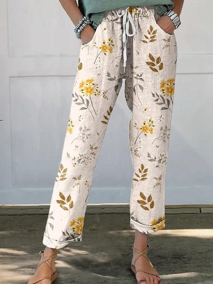 Damen Leinenoptik-Hose mit floralem Print, weitem Bein und Tunnelzug – Avélisse