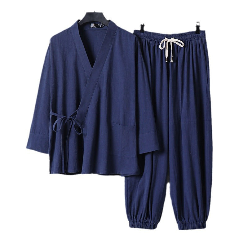 Unisex Entspanntes Kimono-Set mit Wickeljacke, dreiviertelärmeln und elastischer Kordelharemshose Echoarchiv