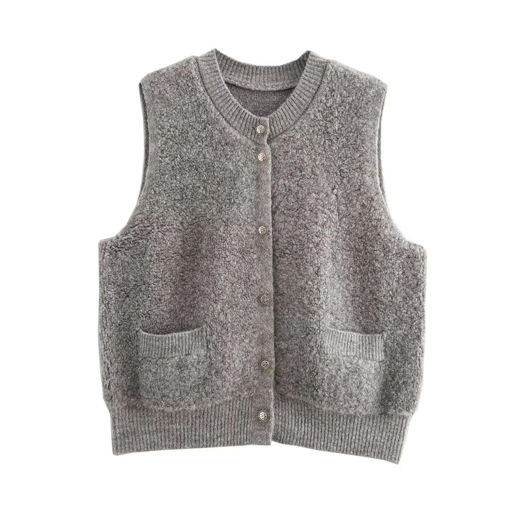 Damen Ärmellose Teddy‑Weste mit Knopfleiste und aufgesetzten Taschen Echoarchiv