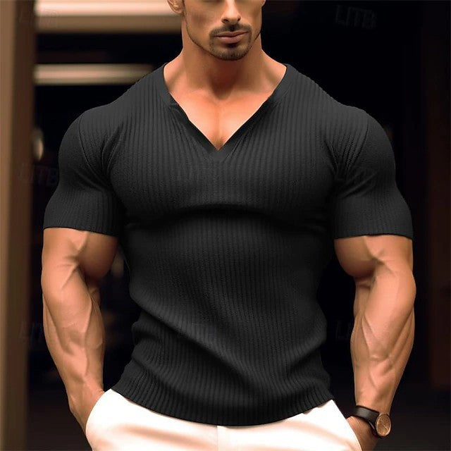 Herren körperbetontes V-Ausschnitt T-Shirt aus atmungsaktivem Baumwollmix Echoarchiv