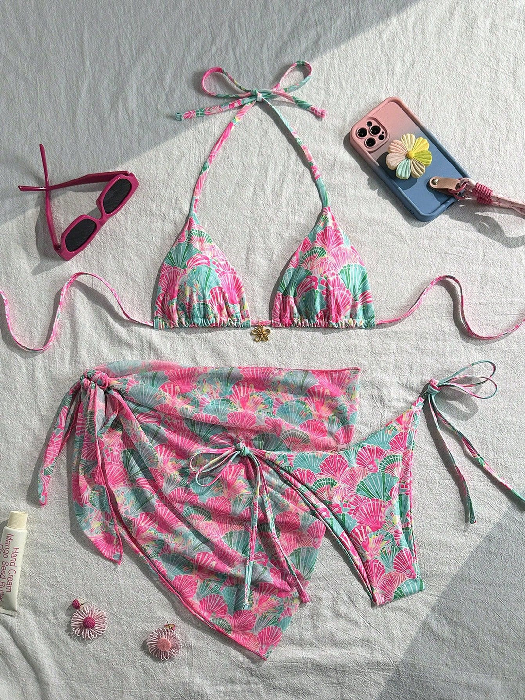 Damen blütenverzierter Bikini mit farbenfrohem Überrock Echo Archiv