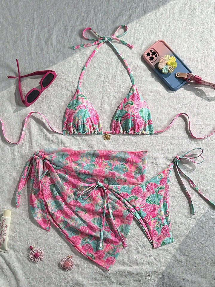 Damen blütenverzierter Bikini mit farbenfrohem Überrock Echo Archiv
