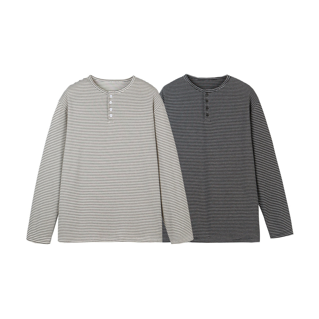 Unisex Gestreiftes Henley-Langarmshirt mit Knopfleiste und Oversize-Schnitt Echoarchiv
