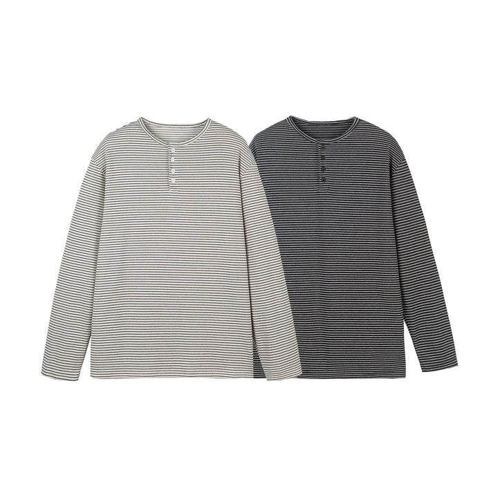 Unisex Gestreiftes Henley-Langarmshirt mit Knopfleiste und Oversize-Schnitt Echoarchiv