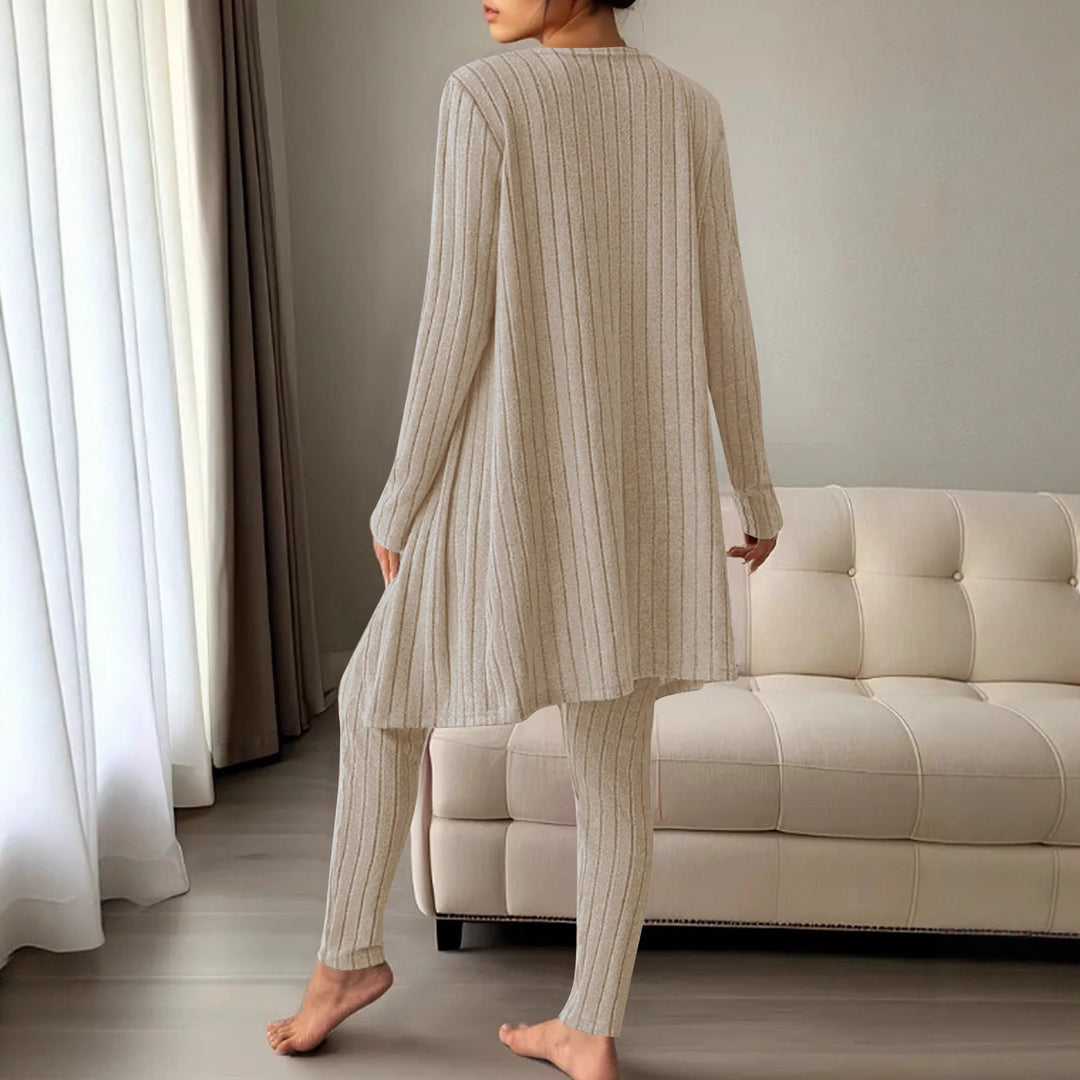 Damen Geripptes Feinstrick-Lounge-Set mit Longcardigan, kurzes Top und hochtaillierten Leggings – Élanora