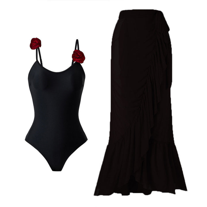 Damen Einteiler Badeanzug mit dekorativen Blumenapplikationen und elegantem Wickelrock Echo Archiv