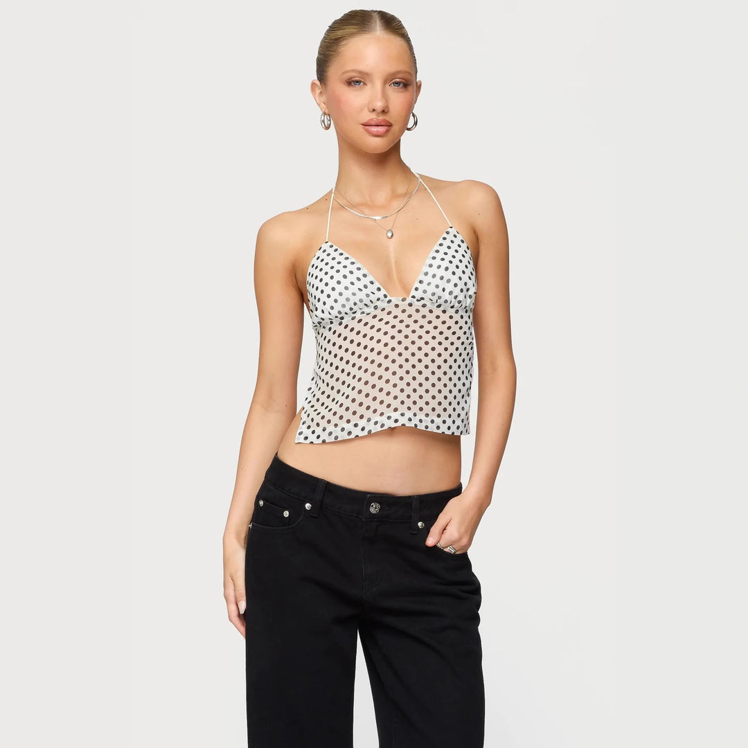 Damen Polka Dot Top mit zarten Trägern und figurbetontem Schnitt Echo Archiv