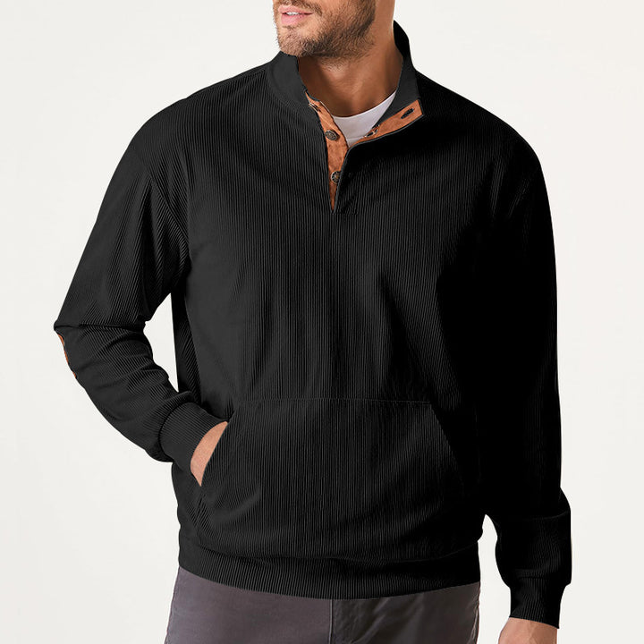 Herren Strukturiertes Ripp-Henley-Sweatshirt mit Stehkragen, Kängurutasche & Velours-Ellbogenpatches – Cavarno