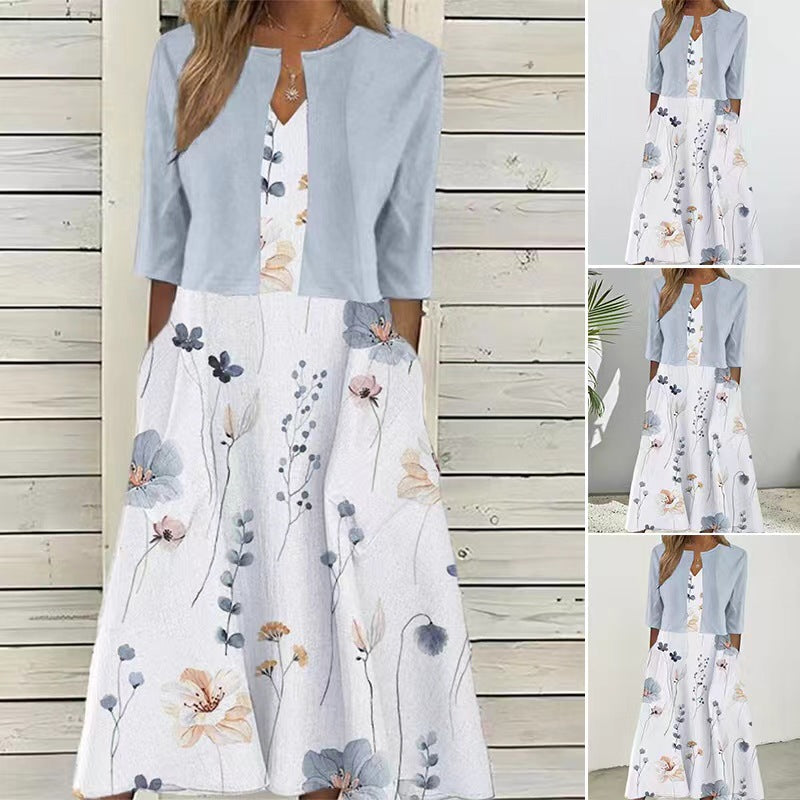 Damen nan Maxikleid mit separatem Bolero, V-Ausschnitt, Eingrifftaschen und floraler A-Linien-Silhouette Echo Archiv