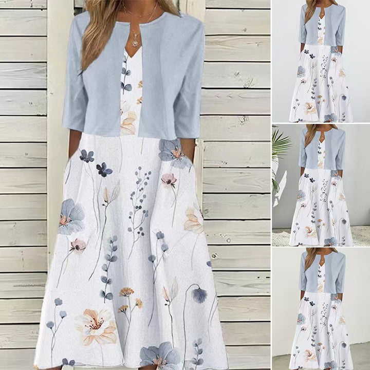 Damen nan Maxikleid mit separatem Bolero, V-Ausschnitt, Eingrifftaschen und floraler A-Linien-Silhouette Echo Archiv