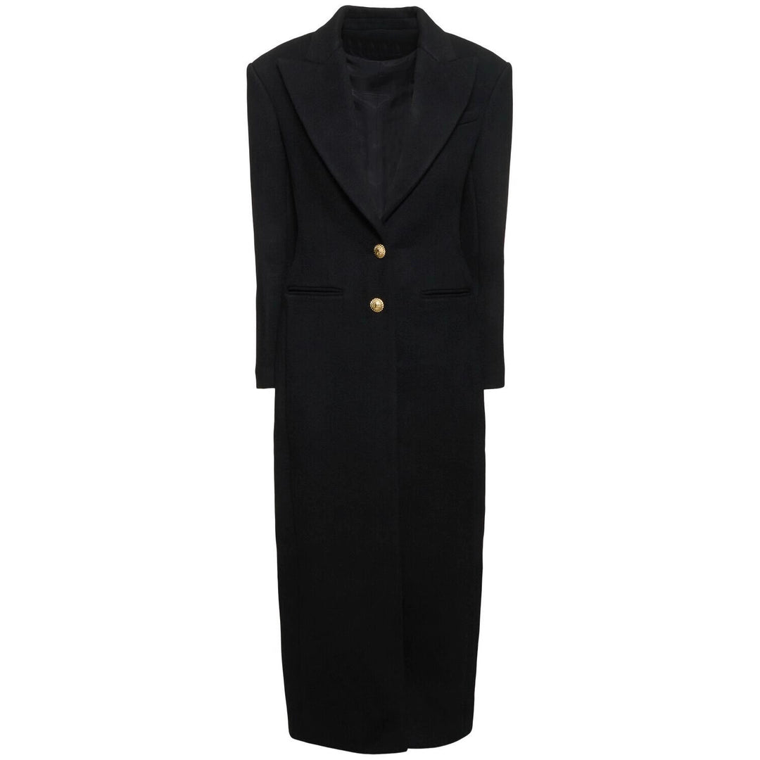 Damen Maxi-Mantelkleid mit markanter Schulterpartie und goldenen Zierknöpfen Echoarchiv