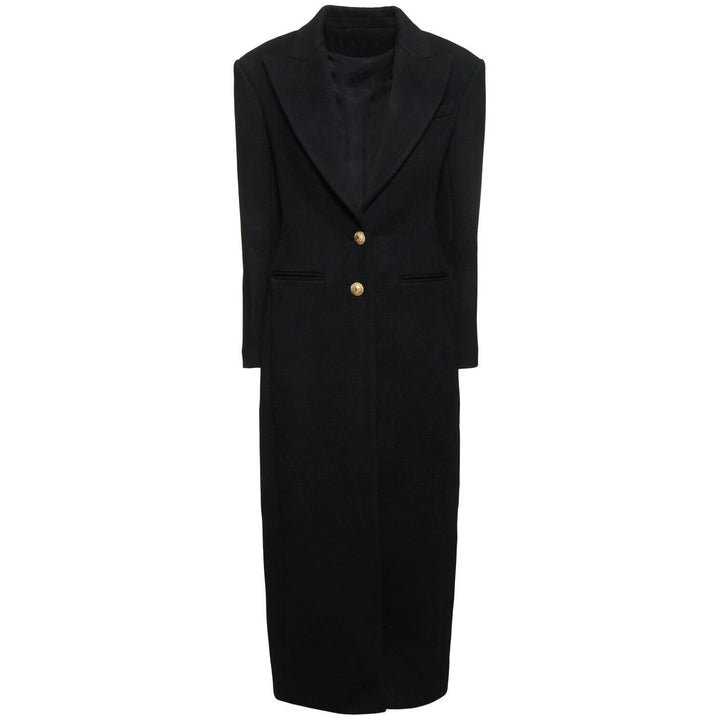 Damen Maxi-Mantelkleid mit markanter Schulterpartie und goldenen Zierknöpfen Echoarchiv