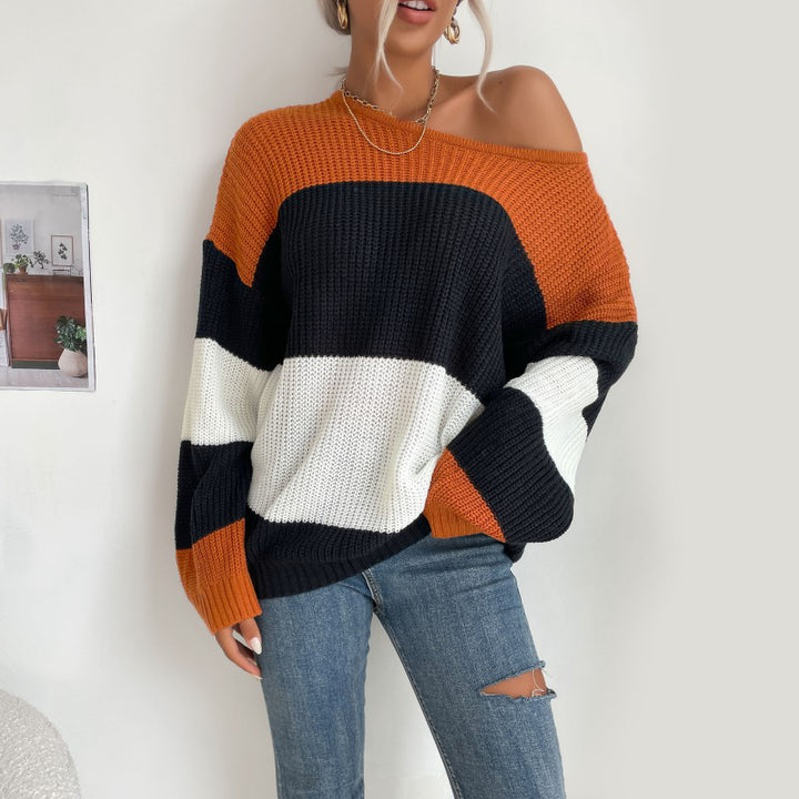 Damen Oversize Strickpullover mit schrägem Carmen-Ausschnitt und breiten Farbblöcken Echoarchiv