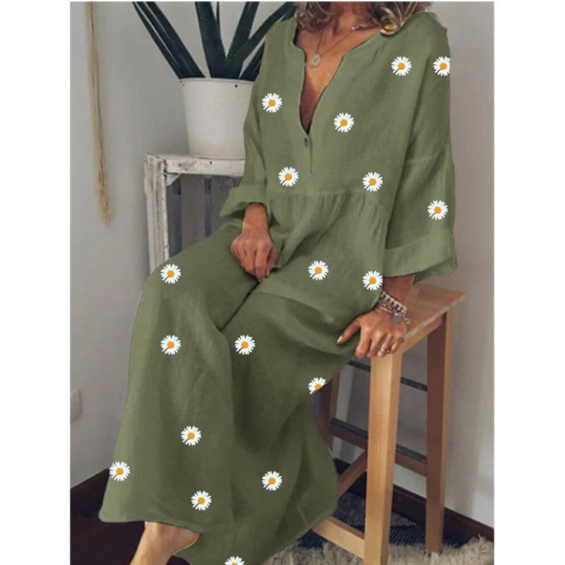Damen Langes Leinenoptik Maxikleid mit tiefem V‑Ausschnitt, lockerer Empire‑Taillierung und Margeritenprint – Valéora