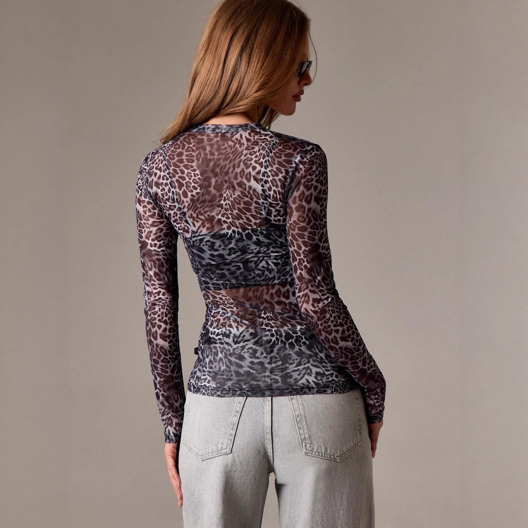Damen nan feines Netzshirt mit Allover-Tiermuster, tailliertem Schnitt und Rundhalsausschnitt Echo Archiv
