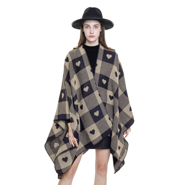 Damen Capeponcho aus Jacquardstrick mit Herz-Allover und offener Front Echo Archiv