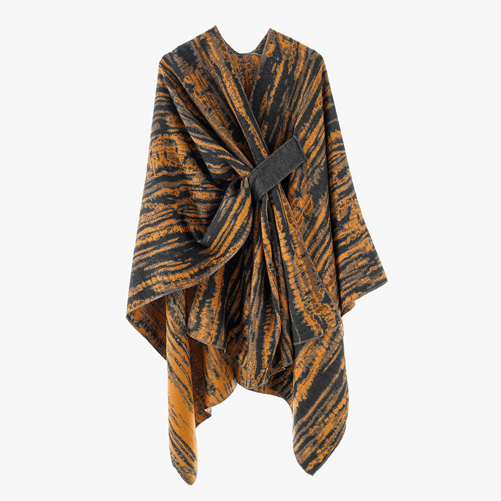 Damen Jacquard-Cape-Überwurf mit strukturierter Wellenoptik, Bindegürtel und asymmetrischem Zipfelsaum – Montévia