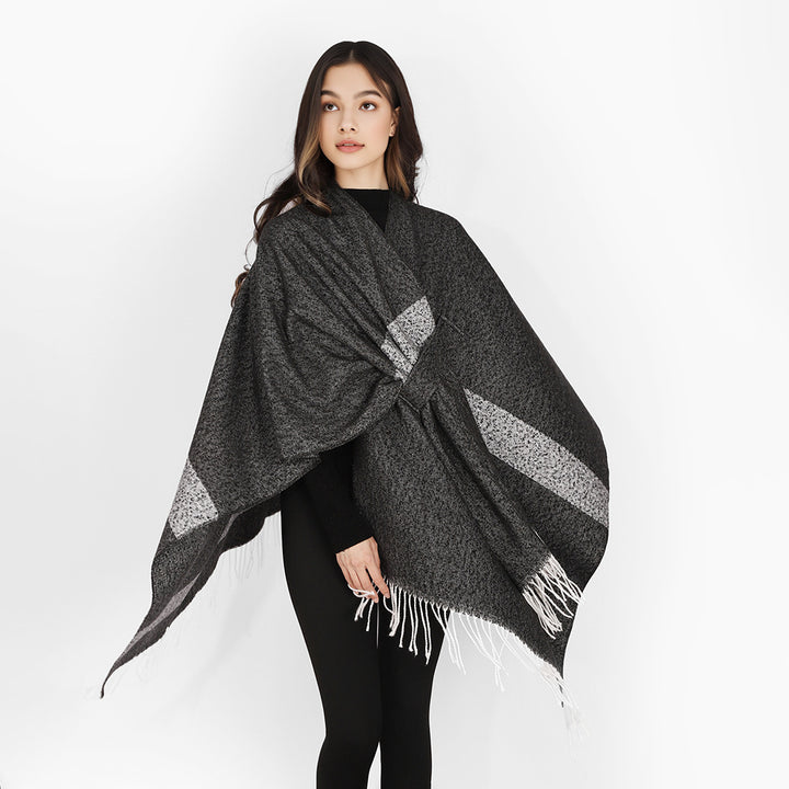 Damen Wollmix-Capeponcho mit Bindeschlaufen, weichgewebtem Oversize-Überwurf und Fransensaum – Avérine