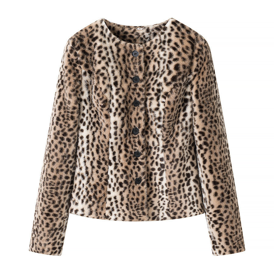 Damen Kurzjacke aus Kunstpelz mit Leopardenmuster und Rundhalsausschnitt Echo Archiv