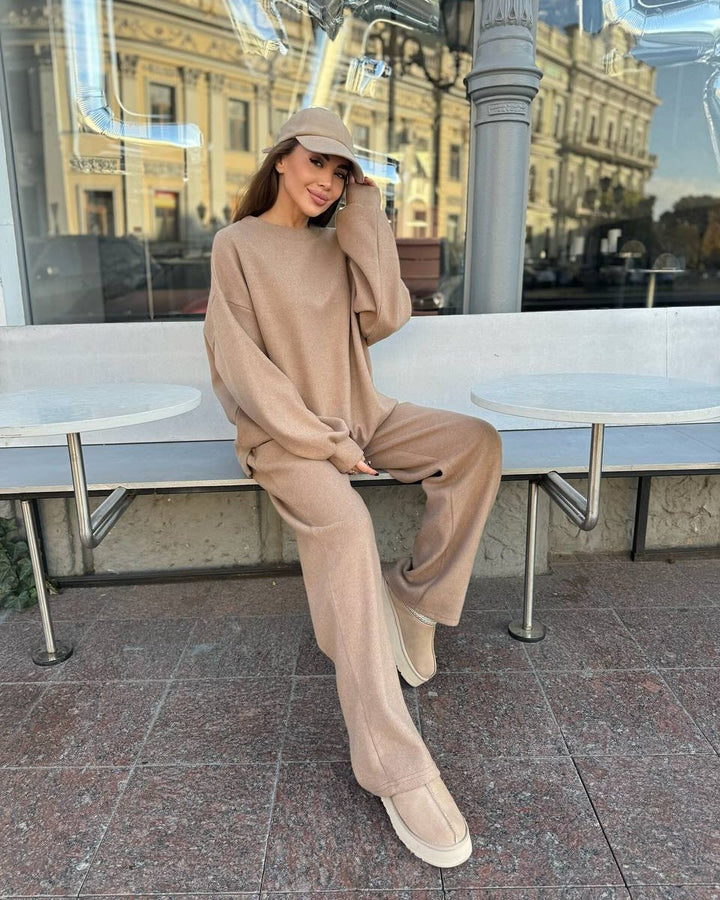 Damen Weiches Oversized-Strick-Loungewear-Set mit legerem Rundhals-Pullover und weiter Komforthose – Mavelle