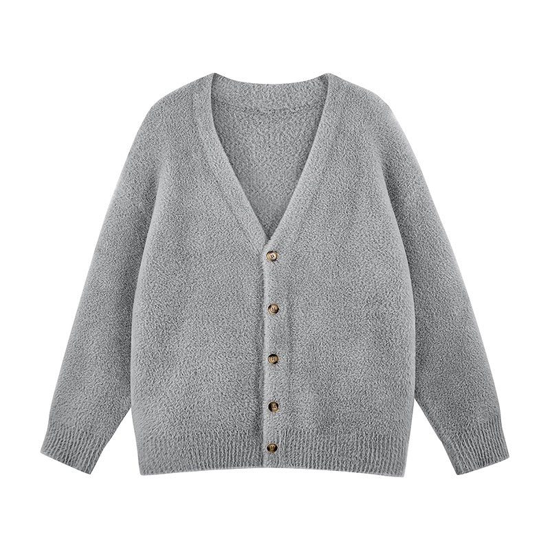 Damen Oversize Teddy-Strickcardigan mit V‑Ausschnitt und Holzknöpfen Echoarchiv