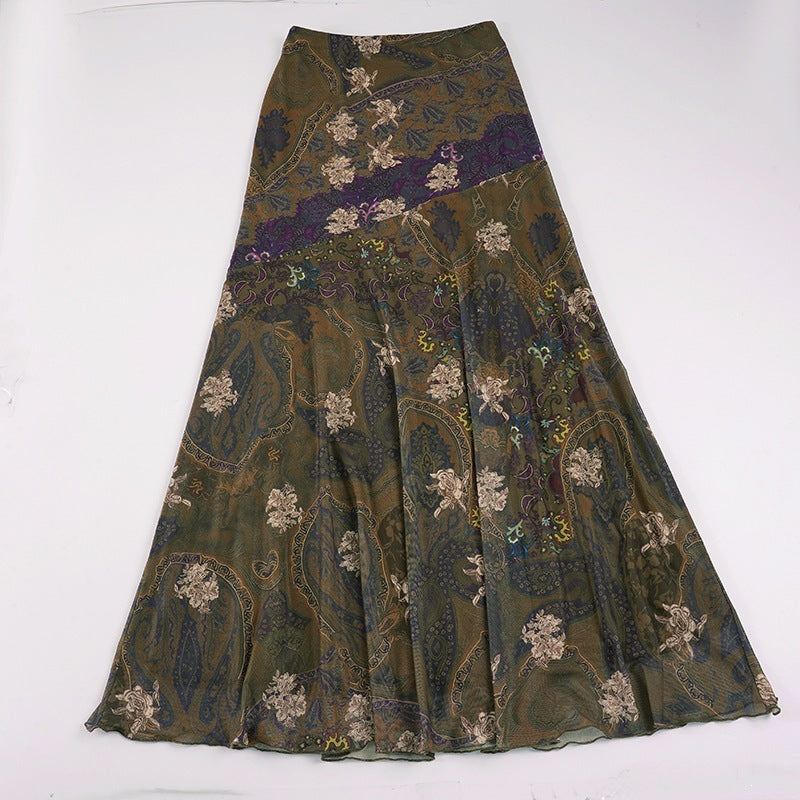 Damen Langer, eleganter Rock im Vintage-Stil mit floralem Muster und fließendem Schnitt Echo Archiv