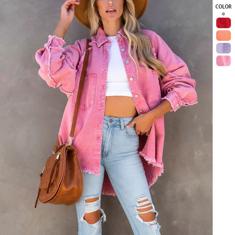 Damen nan oversized Hemdjacke im Used‑Look mit ausgefransten Kanten und aufgesetzten Pattentaschen Echo Archiv